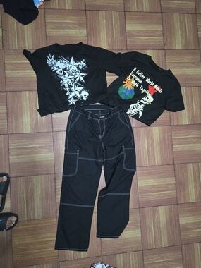 3 Piece SHEIN Set  Black Cargo Pant & 2 Graphic Tee